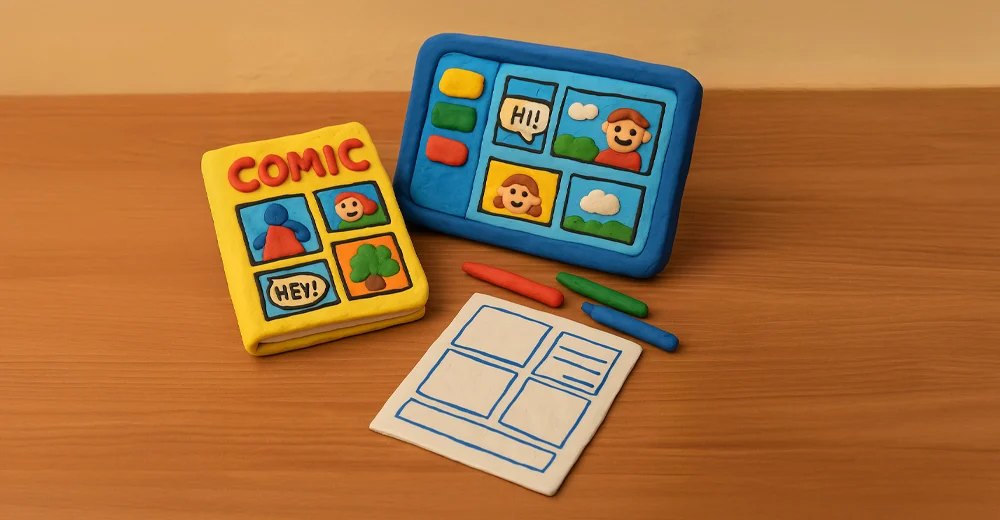 Comic, Heft Tablet und ein Stück Papier, alles aus Knete